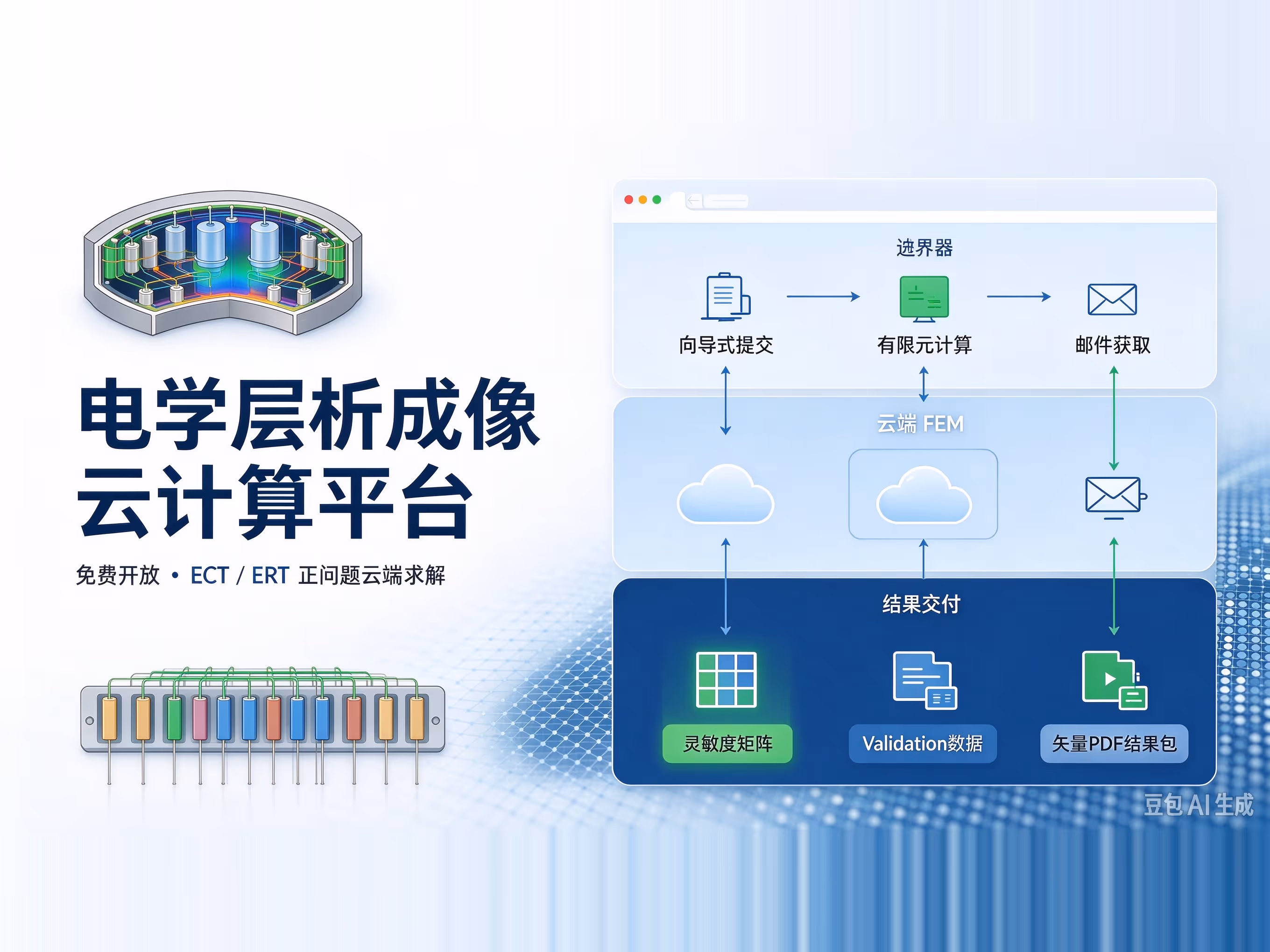 电学层析成像云计算平台宣传图——浏览器向导式提交电容层析成像（ECT）/ 电阻层析成像（ERT）正问题任务，云端有限元（FEM）求解，邮件交付灵敏度矩阵、validation 数据与矢量 PDF 结果包