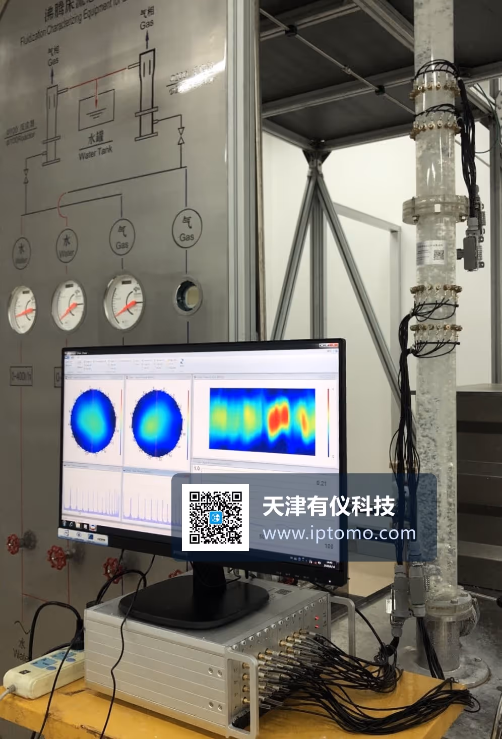 TJUERT 多截面三维电阻层析成像（ERT）系统：流化床实验现场 — 立柱式电极阵列 + 采集主机 + 成像软件